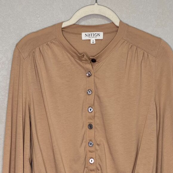 Nation Los Angeles Top Womens Small Tan Button Front Cardigan Pima Cotton - Picture 4 of 9